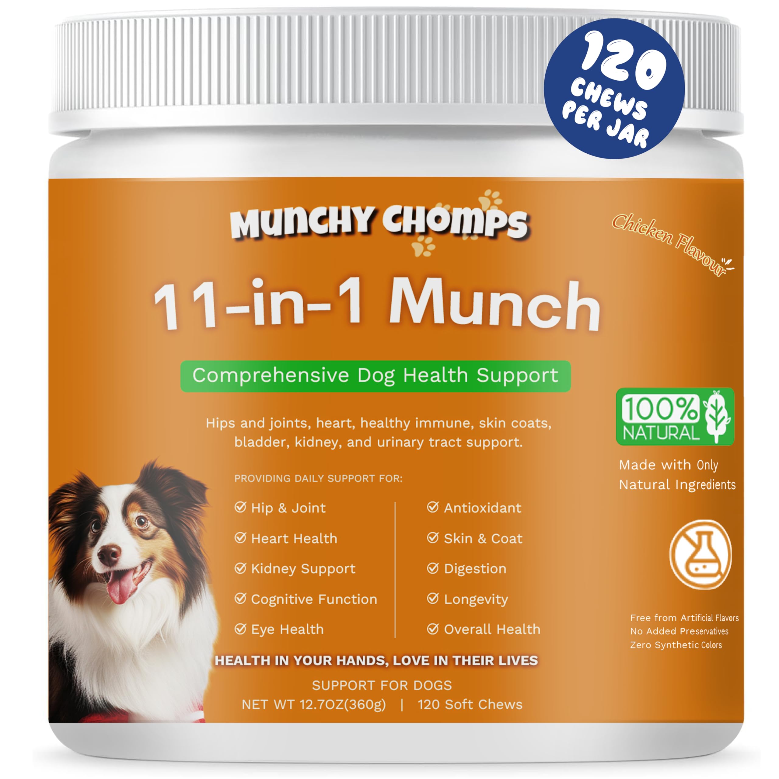 Munchy Chomps 11-in-1 Multivitamin Treats for Dogs - Comprehensive Health Support for Adult & Senior Dogs - Promotes Hip & Joint Mobility, Heart Health, and Digestive Wellness (Chicken)