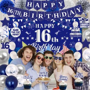 16th Birthday Decorations for Boys Girls, Blue Silver Sweet 16th Birthday Party Decorations, Happy 16th Birthday Backdrop, Banner, Balloons, Pompoms, Hanging Swirls, Birthday Card, Cake Topper 54pcs