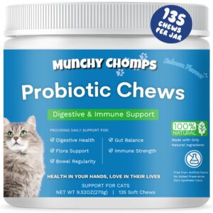 munchy chomps probiotic chews for cats - digestive & immune support with prebiotics, postbiotics & enzymes - promotes gut balance & bowel regularity (salmon)