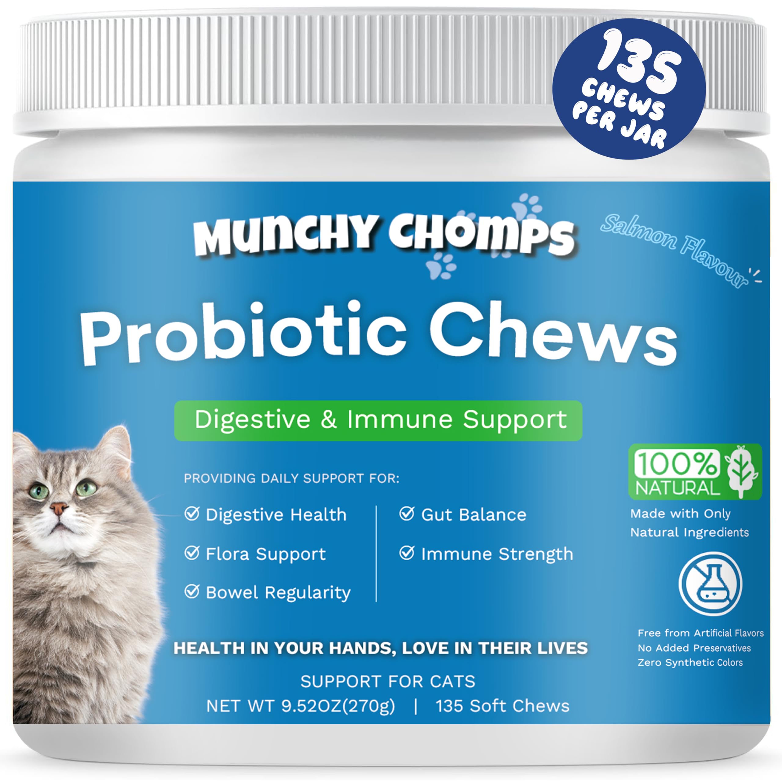 Munchy Chomps Probiotic Chews for Cats - Digestive & Immune Support with Prebiotics, Postbiotics & Enzymes - Promotes Gut Balance & Bowel Regularity (Salmon)