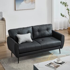 TYBOATLE Sofa Couch 61" Small Loveseat Couches for Living Room Leather Couch Mid Century Modern Tufted Mini Sofa Comfy Office 2 Seat Settee Love Seat Small Couches for Small Spaces Bedroom (1, Black)