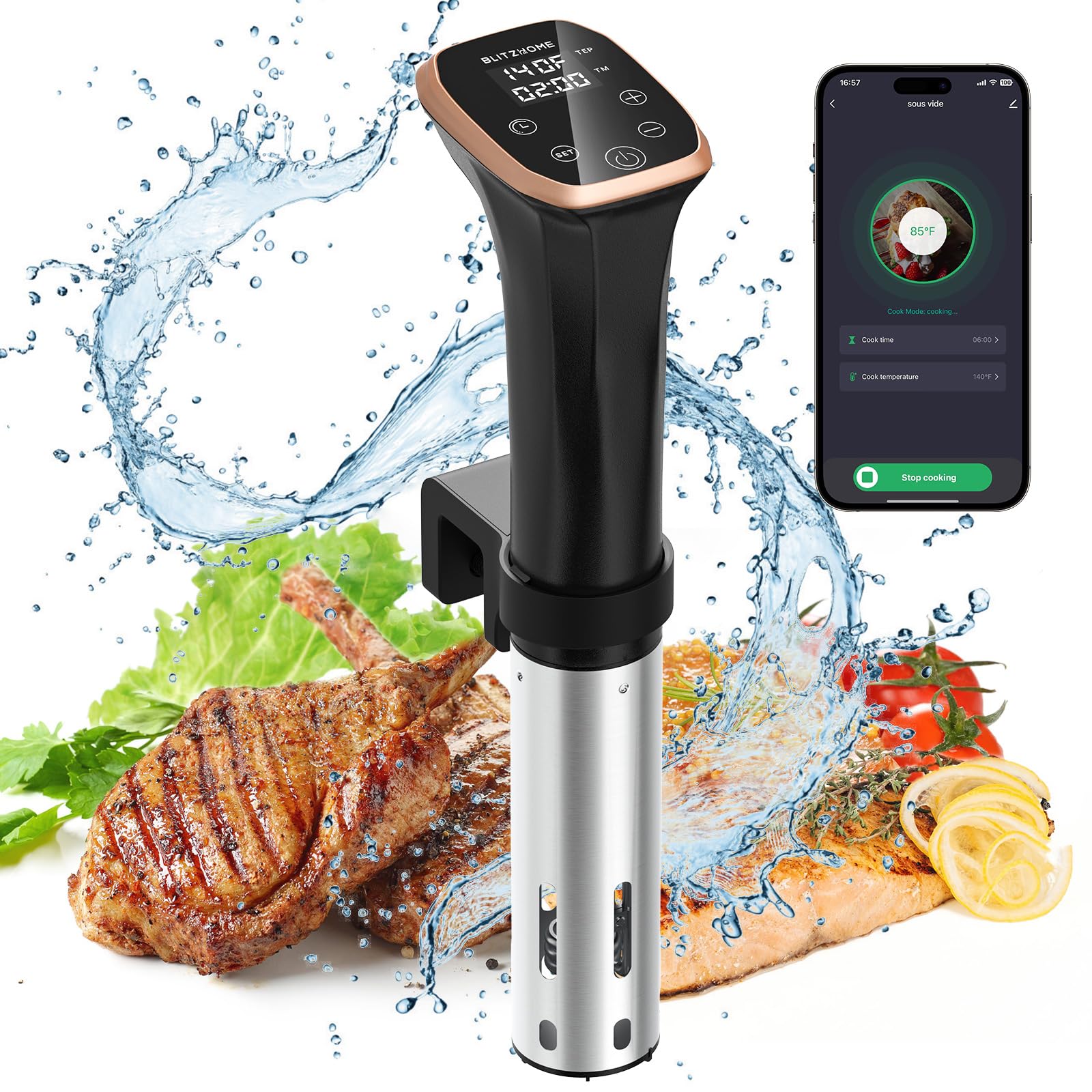 BLITZHOME Sous Vide Cooker, WiFi APP/Touch Control, IPX7 Waterproof Compact Sous Vide Machine Pro, Accurate Temperature & Timer, Ultra Quiet Stainless Precision Immersion Circulator with Recipes