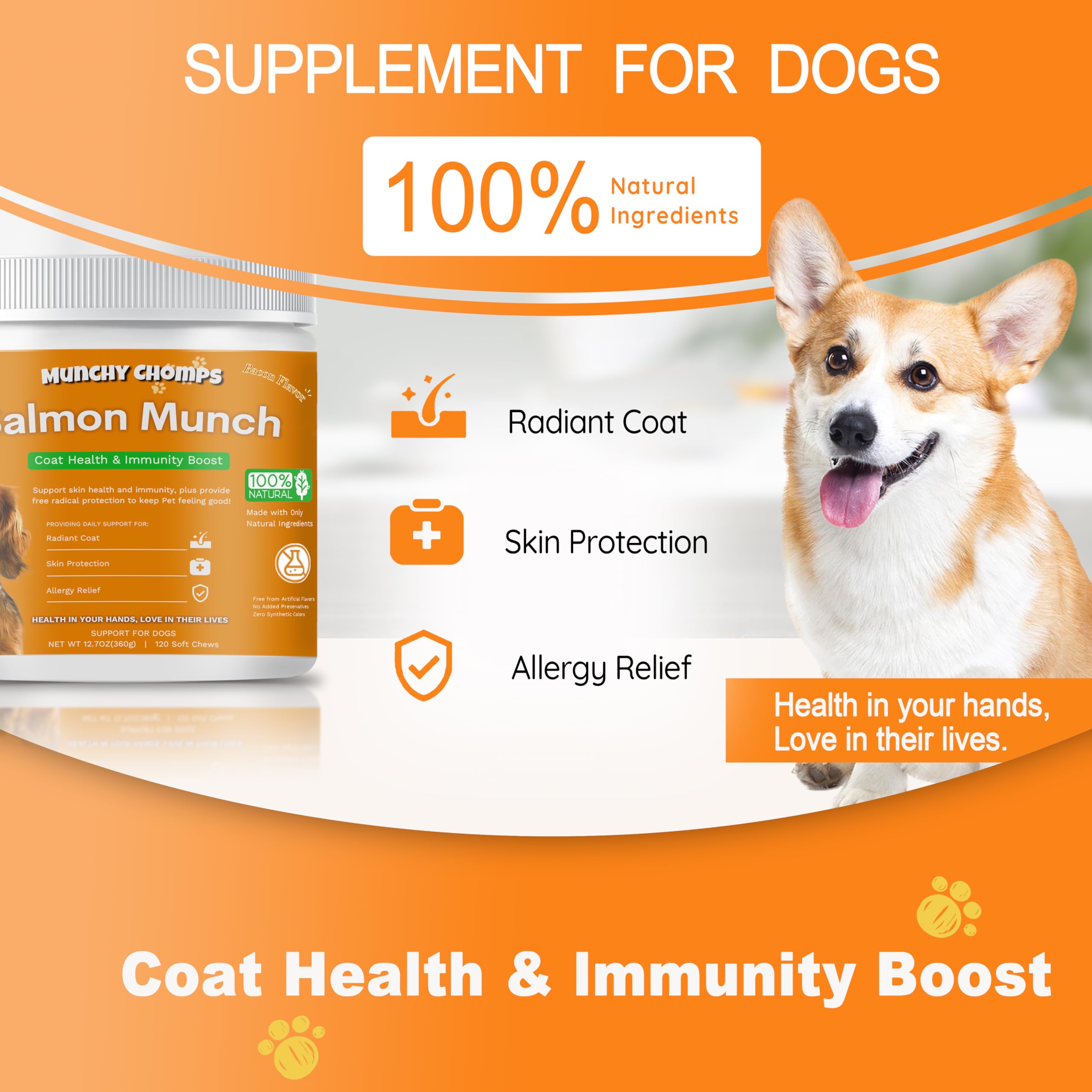 Munchy Chomps Salmon Oil for Dogs - Coat Health & Immunity Boost with Omega 3 Fatty Acids & Antioxidants - Promotes Radiant Coat & Skin Protection (Bacon)