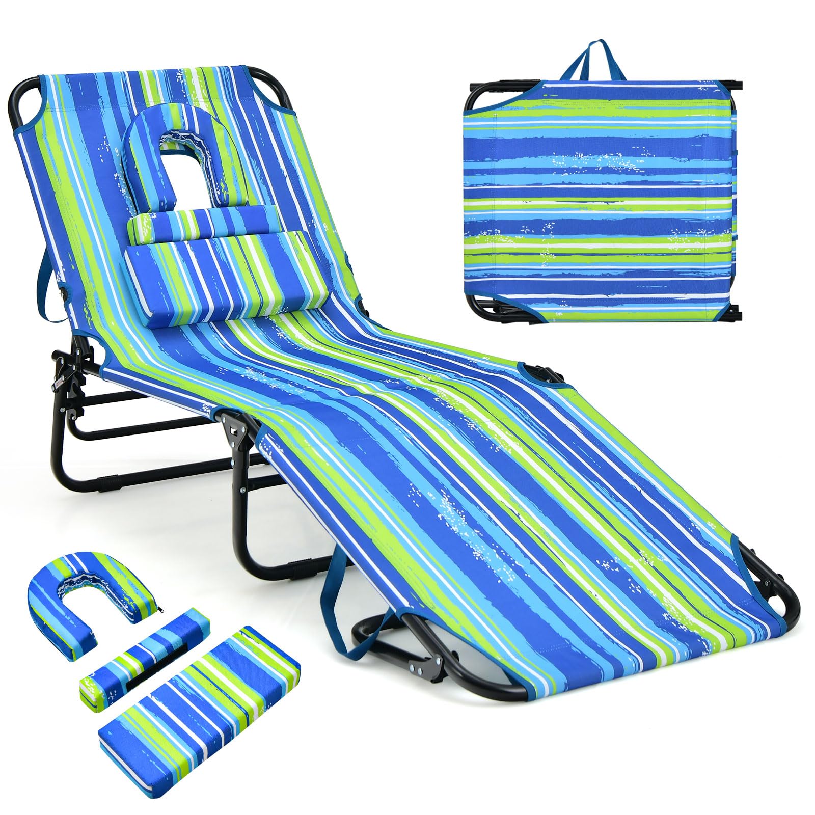 Giantex Tanning Chair, 350lbs Adjustable Patio Lounge Chair w/Face Hole, Removable Pillows, Carry Strap, Layout Chair, Folding Beach Chair, Outdoor Chaise Lounge for Poolside Lawn (1, Stripe)