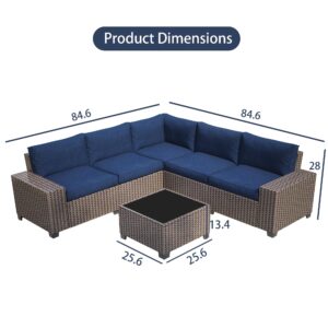 IDEALHOUSE 6 Pieces Outdoor Sectional Furniture, Brown PE Rattan Patio Furniture Sectional with 4 Inch Navy Cushions & Tempered Glass Table for Garden, Poolside, Backyard