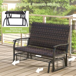 Tangkula Outdoor Rattan Glider Bench, 2-Person All Weather Resistant Glider Loveseat w/Quick Dry Foam Seat & Heavy-Duty Metal Gliding Arms, Outdoor Rocking Bench for Poolside, Garden, Backyard