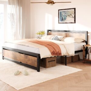 idealhouse queen size bed frame platform, industrial queen bedframe with wooden headboard and footboard no box spring needed, 14 inch easy assemble noise free mattress frame, queen