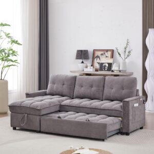 Reversible Sectional Sleeper Sofa - Pull Out Sofa Bed Couch with USB and Tape-c Charging Ports L-Shape Sleeper Sectional Sofa Couch for Living Room, Office and Small Apartment (Grey)