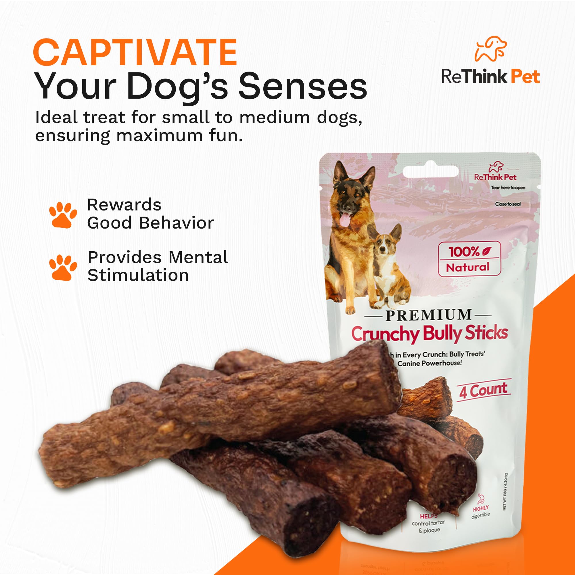 ReThink Pet 4 Pcs Premium Crunchy Bully Sticks for Dogs, All Natural Beef Dog Chews, Training Treats for Dogs, Bully Sticks for Aggressive Chewers, Best Dog Treat, Dog Treats for Medium to Small Dogs