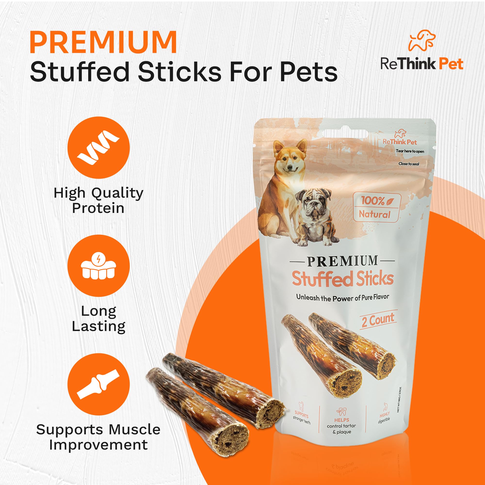 ReThink Pet Pack of 2 Dog Rawhide Sticks, Beef Stuffed, Odor-Free, All Natural, Healthy, Great Tasting Special Reward as Dog Treats, Long Lasting Dog Chew, Suitable for Puppy Small Dogs