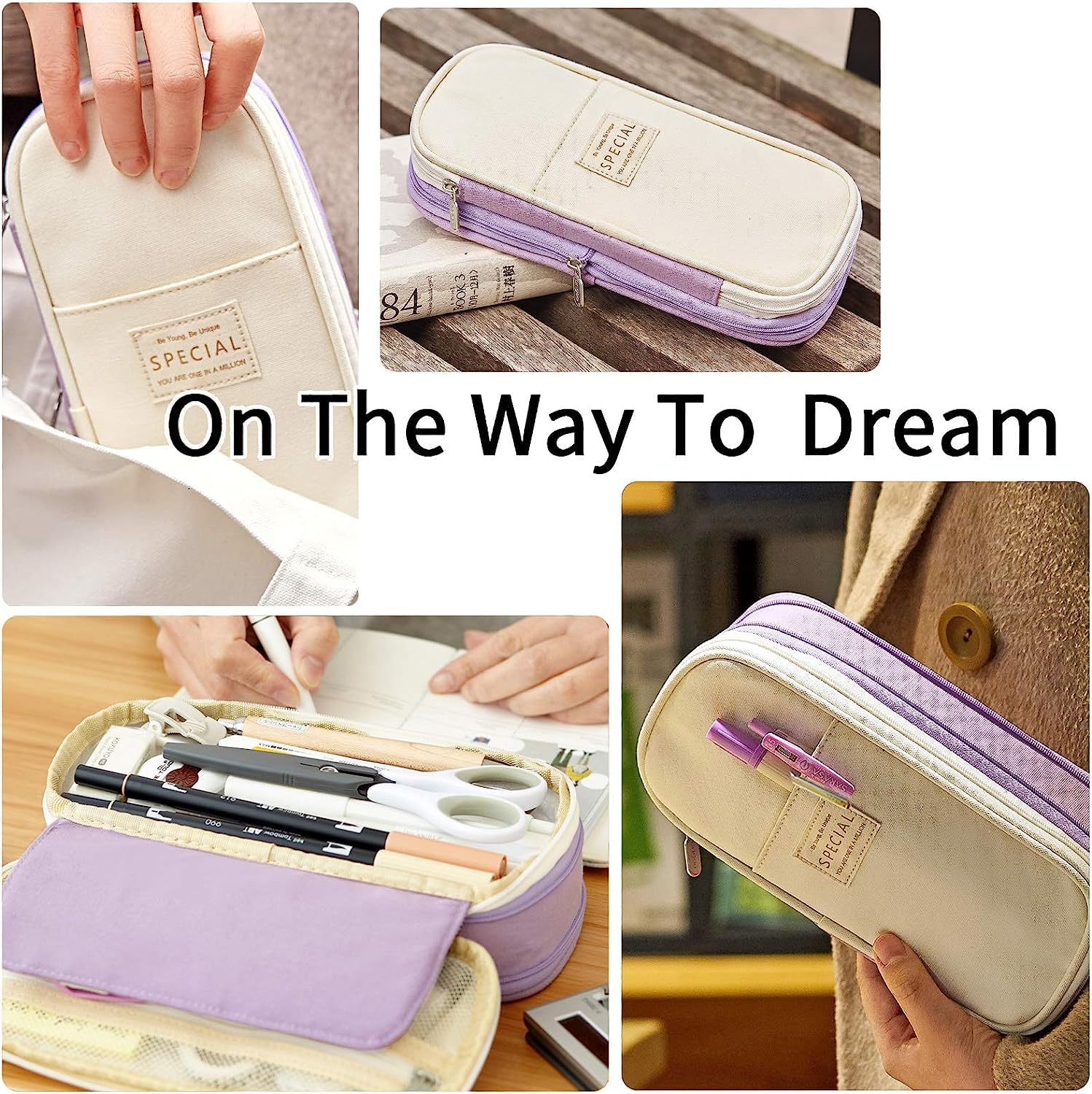 Generic Trendy Large Capacity Zipper Pencil Case Pen Pouch Bag Office Student Canvas Stationery (purple), tc001