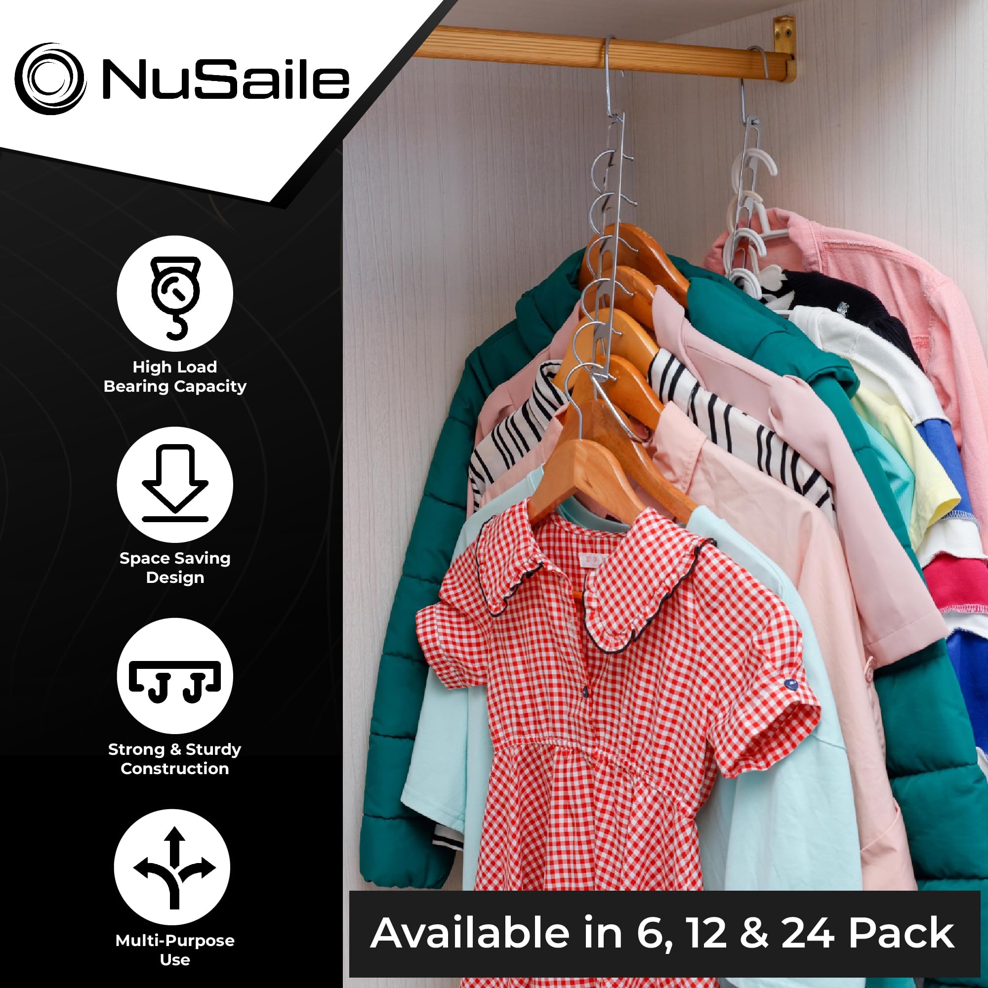 NuSaile Collapsible Clothes Hanger Organizer - 6 Holes Space Saving Hangers for Clothes - Premium Metal Cascading Hangers - Magic Closet Organizer - Vertical Hangers for Closet Organization - 12 pc