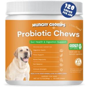 munchy chomps probiotics chews for dogs - gut health & digestion support with preforpro & bacillus subtilis - promotes bowel regularity & immune strength (chicken)