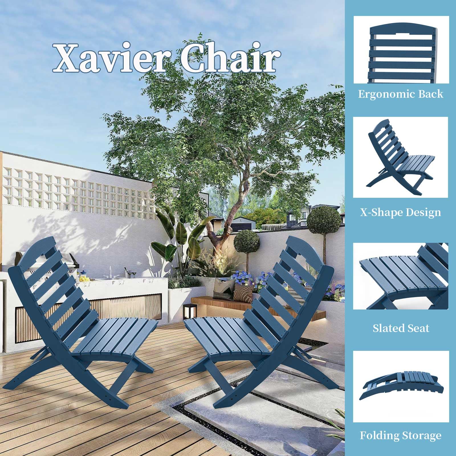 VSMKSJ All-Weather Portable Adirondack Chairs Set of 2,HDPE Plastic Xavier Chair,FirePit Chairs, Navy Blue