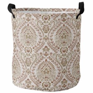 european floral laundry basket collapsible bag with easy carry handles, large waterproof foldable freestanding hamper, folding washing bin clothes storage round vintage style antique bohemia beige