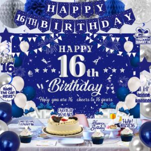 16th Birthday Decorations for Boys Girls, Blue Silver Sweet 16th Birthday Party Decorations, Happy 16th Birthday Backdrop, Banner, Balloons, Pompoms, Hanging Swirls, Birthday Card, Cake Topper 54pcs