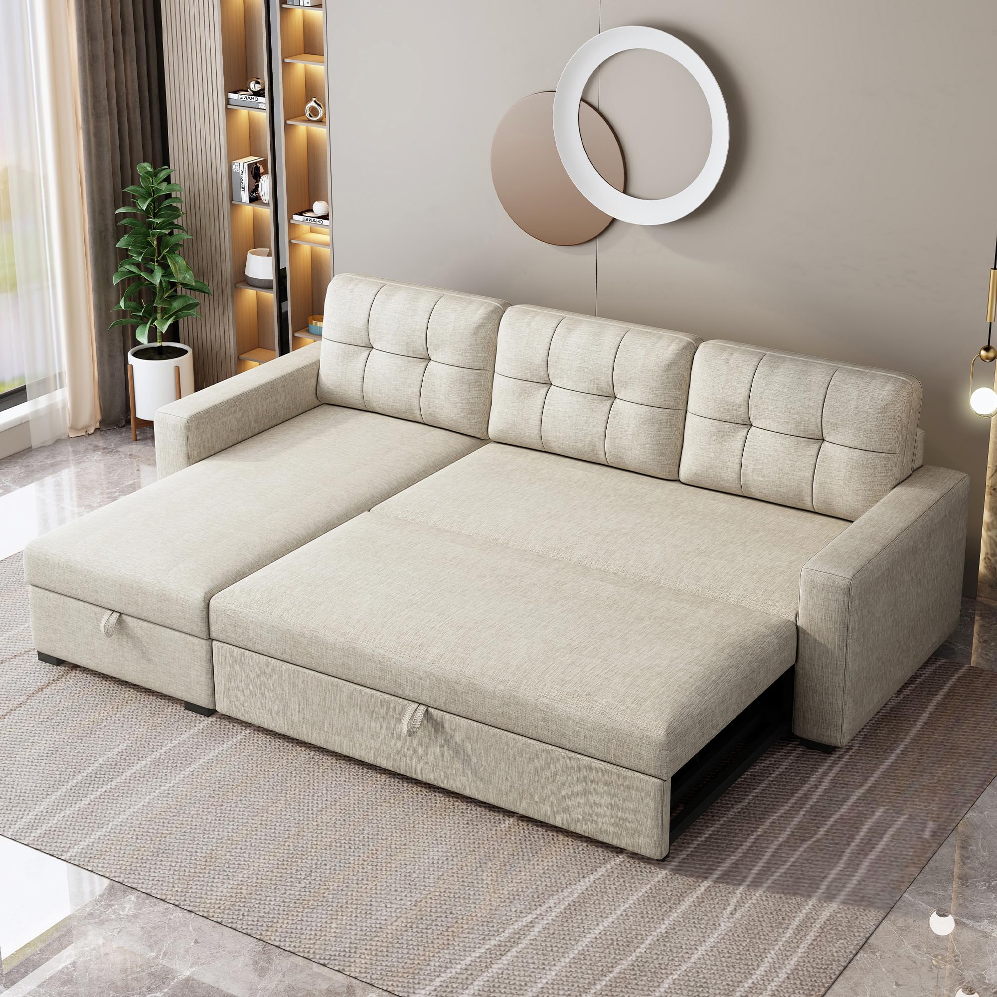 YOPTO 81.5" L-Shape Upholstered Sleeper Sectional Sofa with Storage Chaise & Pull Out Bed,Convertible Corner Couch Bed W/ 3 Removable Back Cushions for Living Room,Office,Beige