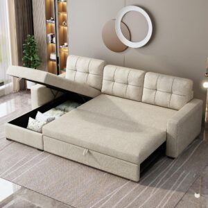 Favfurish Convertible Sectional Sofa L-Shape Sleeper Couch with Storage Chaise 3 Back Cushions and Pull-Out Bed for Living Room, Apartment,Small Spaces,Office,81.5",(Beige)