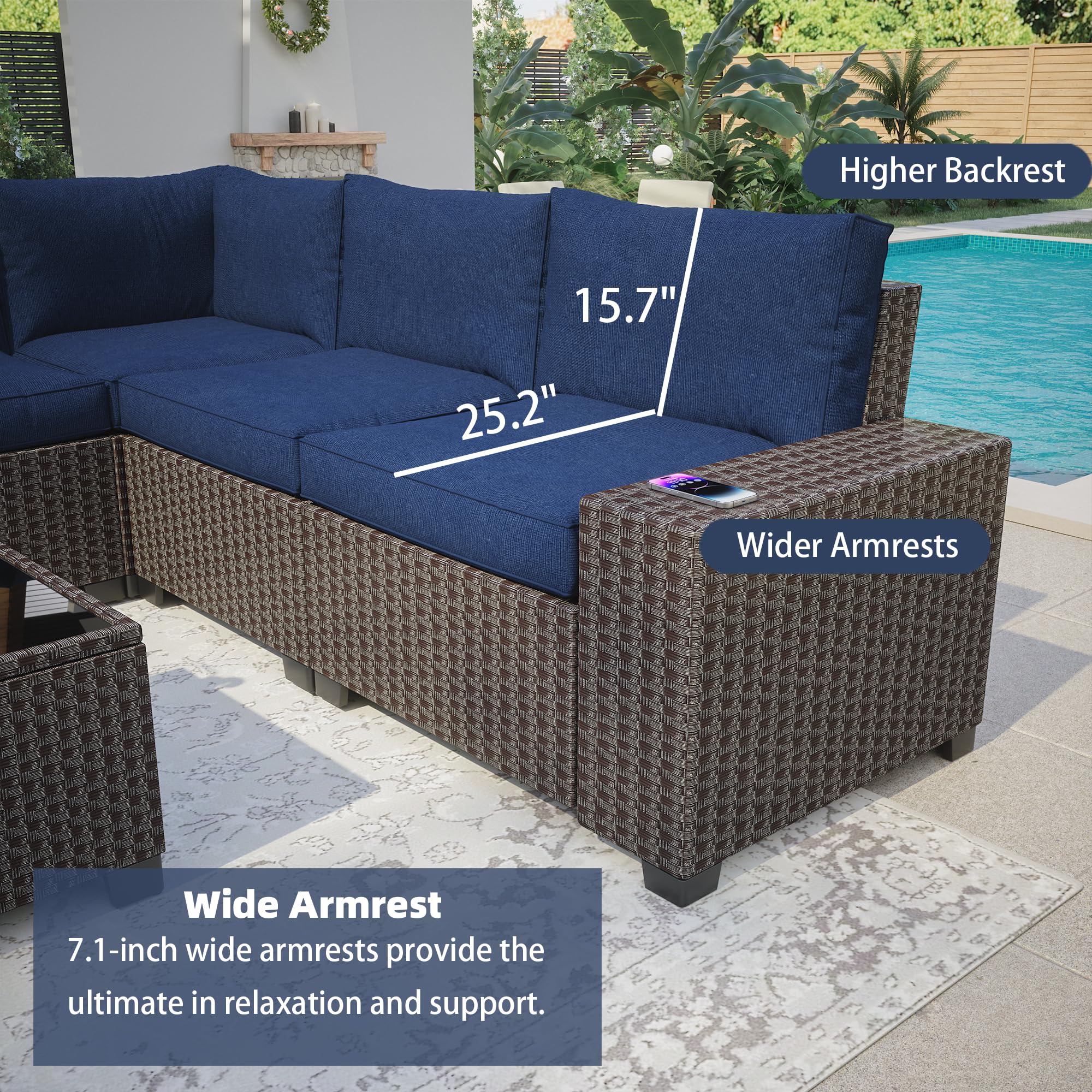 IDEALHOUSE 6 Pieces Outdoor Sectional Furniture, Brown PE Rattan Patio Furniture Sectional with 4 Inch Navy Cushions & Tempered Glass Table for Garden, Poolside, Backyard