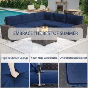 IDEALHOUSE 6 Pieces Outdoor Sectional Furniture, Brown PE Rattan Patio Furniture Sectional with 4 Inch Navy Cushions & Tempered Glass Table for Garden, Poolside, Backyard