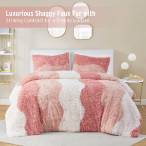 Intelligent Design Soft & Cozy Shaggy Faux Fur Duvet Cover Set, Trendy Ombre Design with Vibrant Color, All Seasons Soft Microfiber Duvet Bedding Cover, Sham, Cassie, Full/Queen Blush Multi 3 Piece