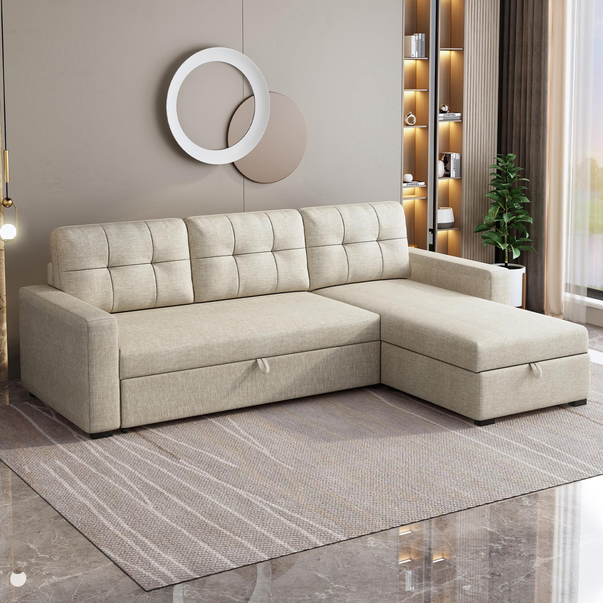 YOPTO 81.5" L-Shape Upholstered Sleeper Sectional Sofa with Storage Chaise & Pull Out Bed,Convertible Corner Couch Bed W/ 3 Removable Back Cushions for Living Room,Office,Beige