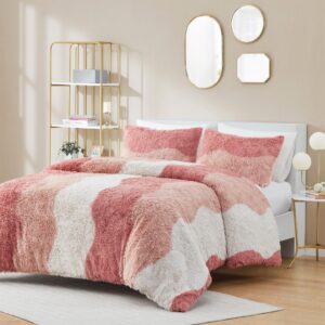 intelligent design soft & cozy shaggy faux fur duvet cover set, trendy ombre design with vibrant color, all seasons soft microfiber duvet bedding cover, sham, cassie, full/queen blush multi 3 piece