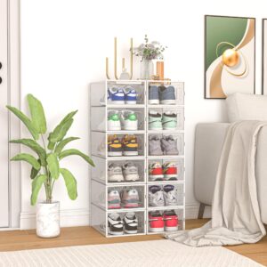 12 Pack Shoe Organizer Storage Bins, Clear Plastic Stackable Shoe Boxes for Closet, Space Saving Foldable Shoe Storage Bins, Sneaker Storage Shoe Box Container, White Frame