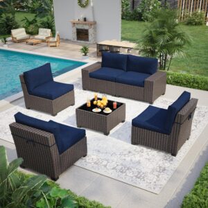 idealhouse 6 pieces outdoor patio sectional sofa couch, brown pe wicker furniture conversation sets with navy blue cushions & glass coffee table for garden, poolside, backyard (square)