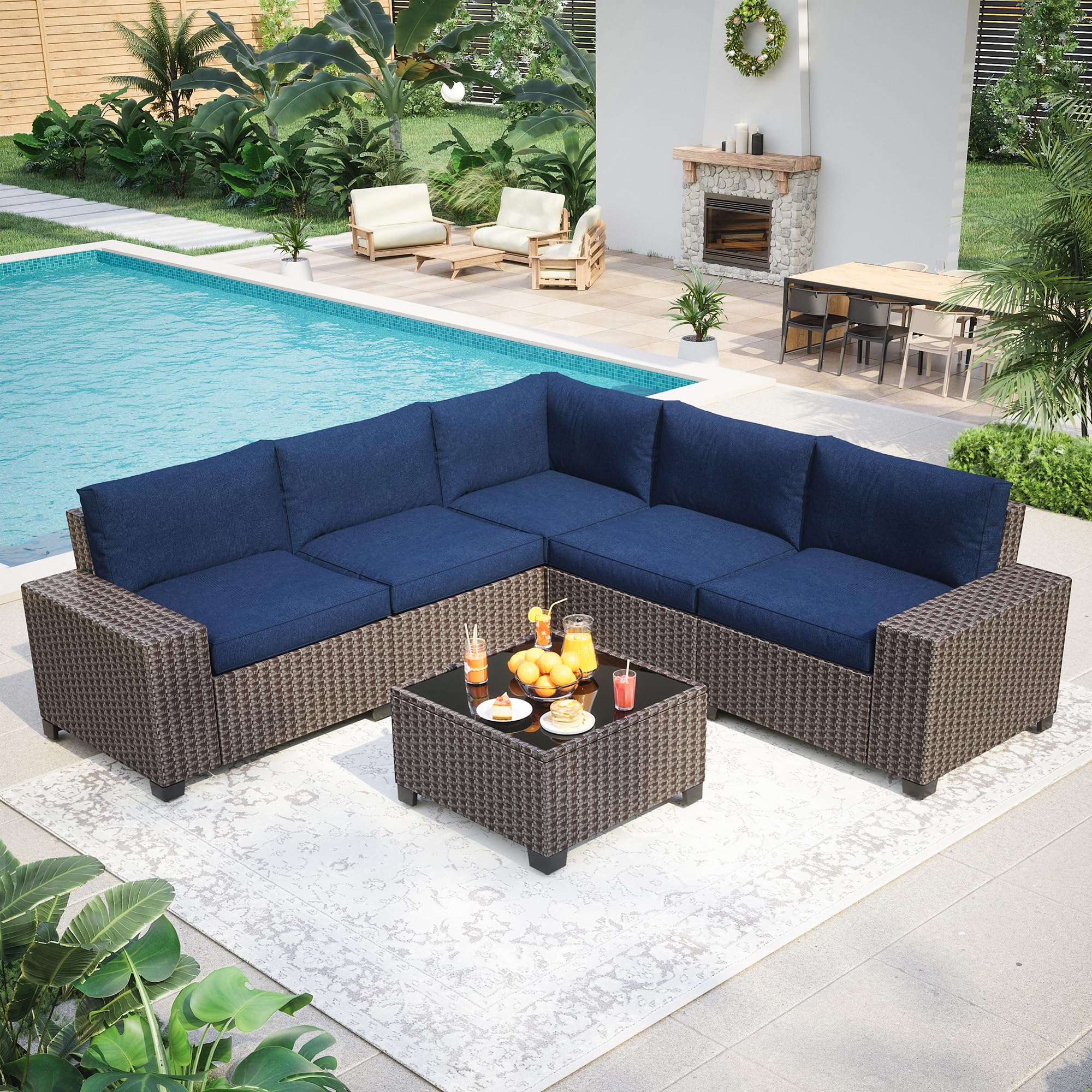 IDEALHOUSE 6 Pieces Outdoor Sectional Furniture, Brown PE Rattan Patio Furniture Sectional with 4 Inch Navy Cushions & Tempered Glass Table for Garden, Poolside, Backyard