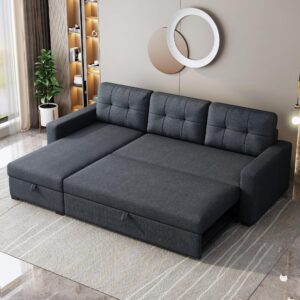 Favfurish 81.5" Sectional Sleeper Sofa with Storage Chaise, L Shaped Pull Out Couch Bed with 3 Removable Back Cushion for Living Room,Apartment,Office, Dark Grey