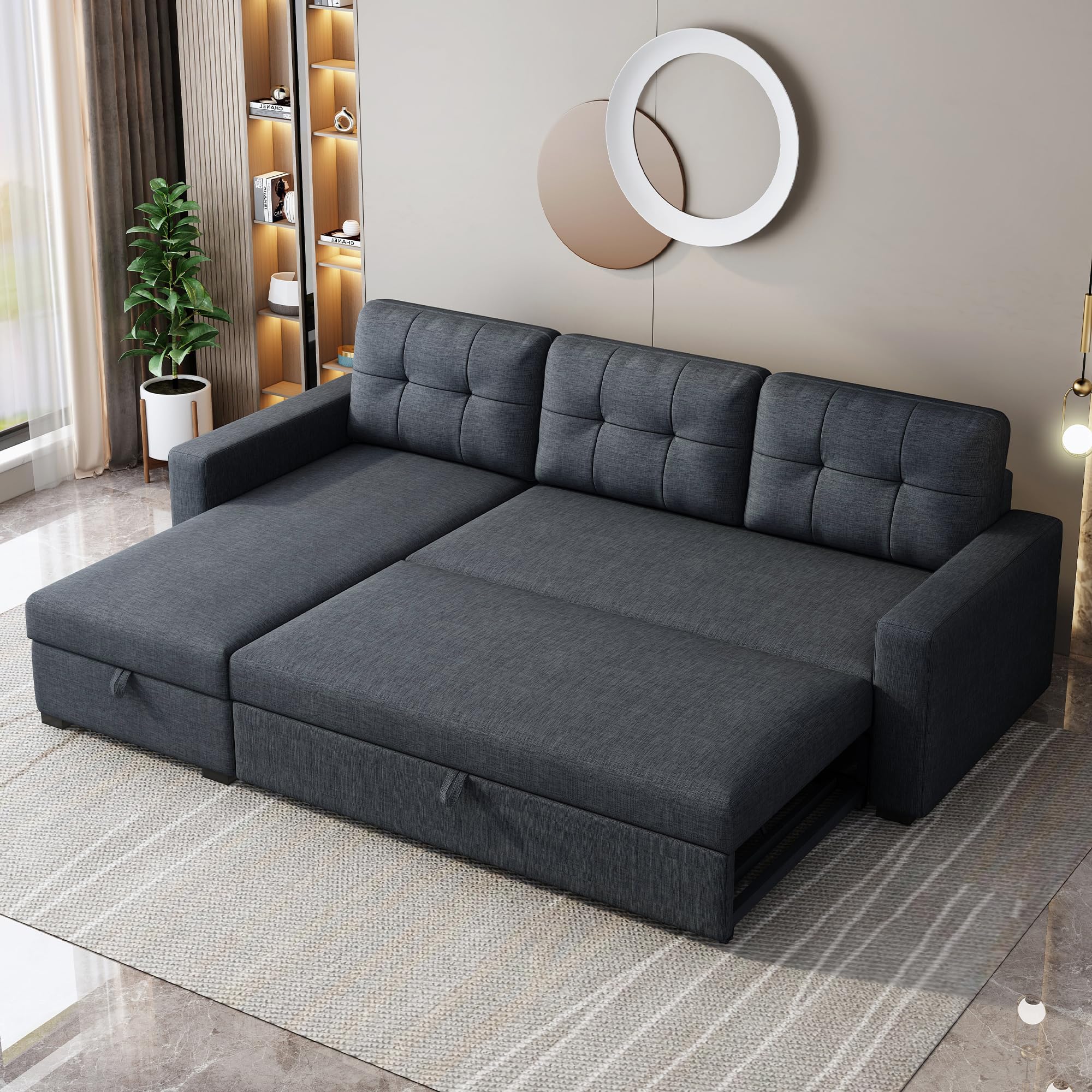 Favfurish 81.5" Sectional Sleeper Sofa with Storage Chaise, L Shaped Pull Out Couch Bed with 3 Removable Back Cushion for Living Room,Apartment,Office, Dark Grey