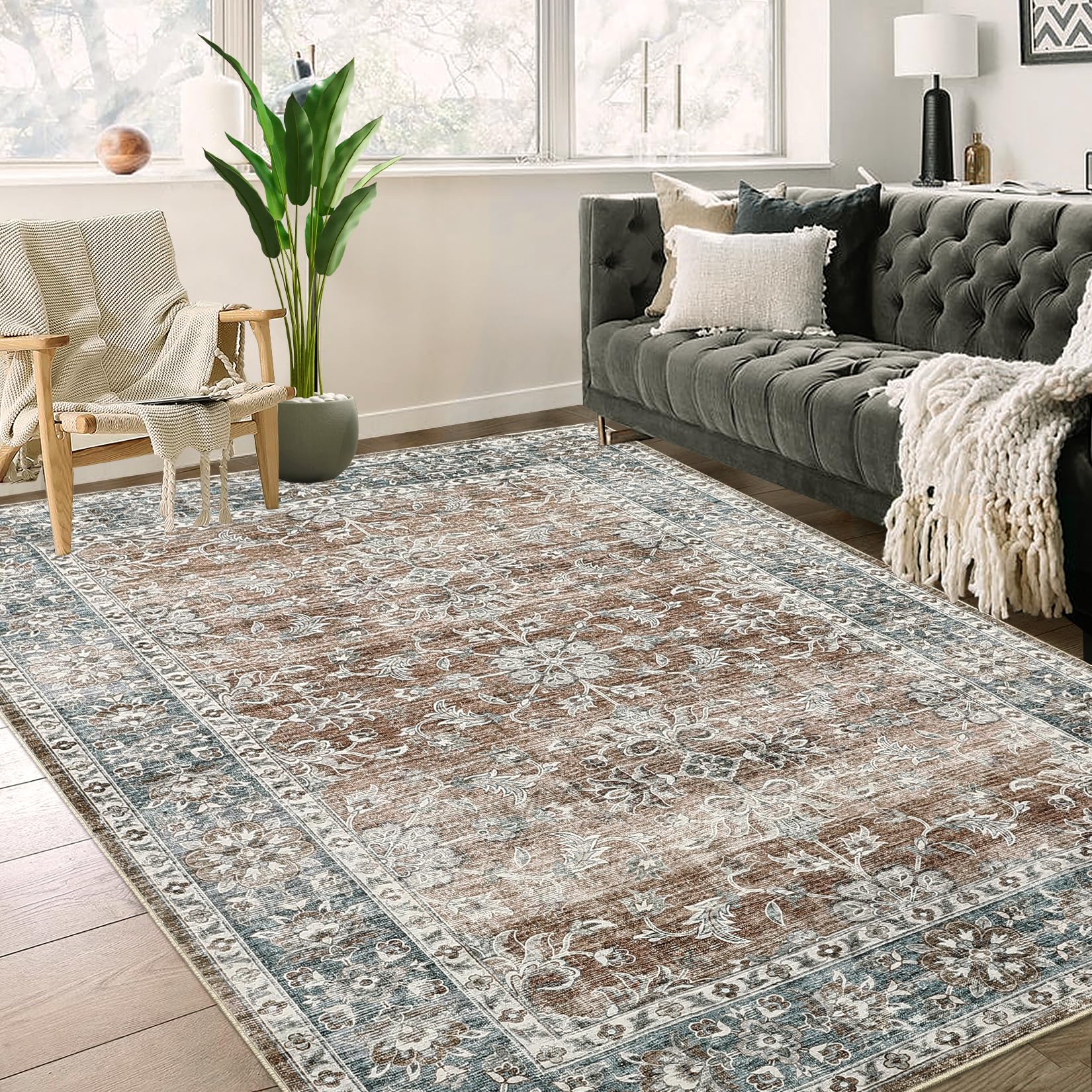 Haperlare Large Living Room Area Rug - 8x10 Large Bedroom Rug Distressed Non-Slip Non-Shedding Oriental Print Floor Carpet for Dining Room Kitchen Brown, 8 x 10