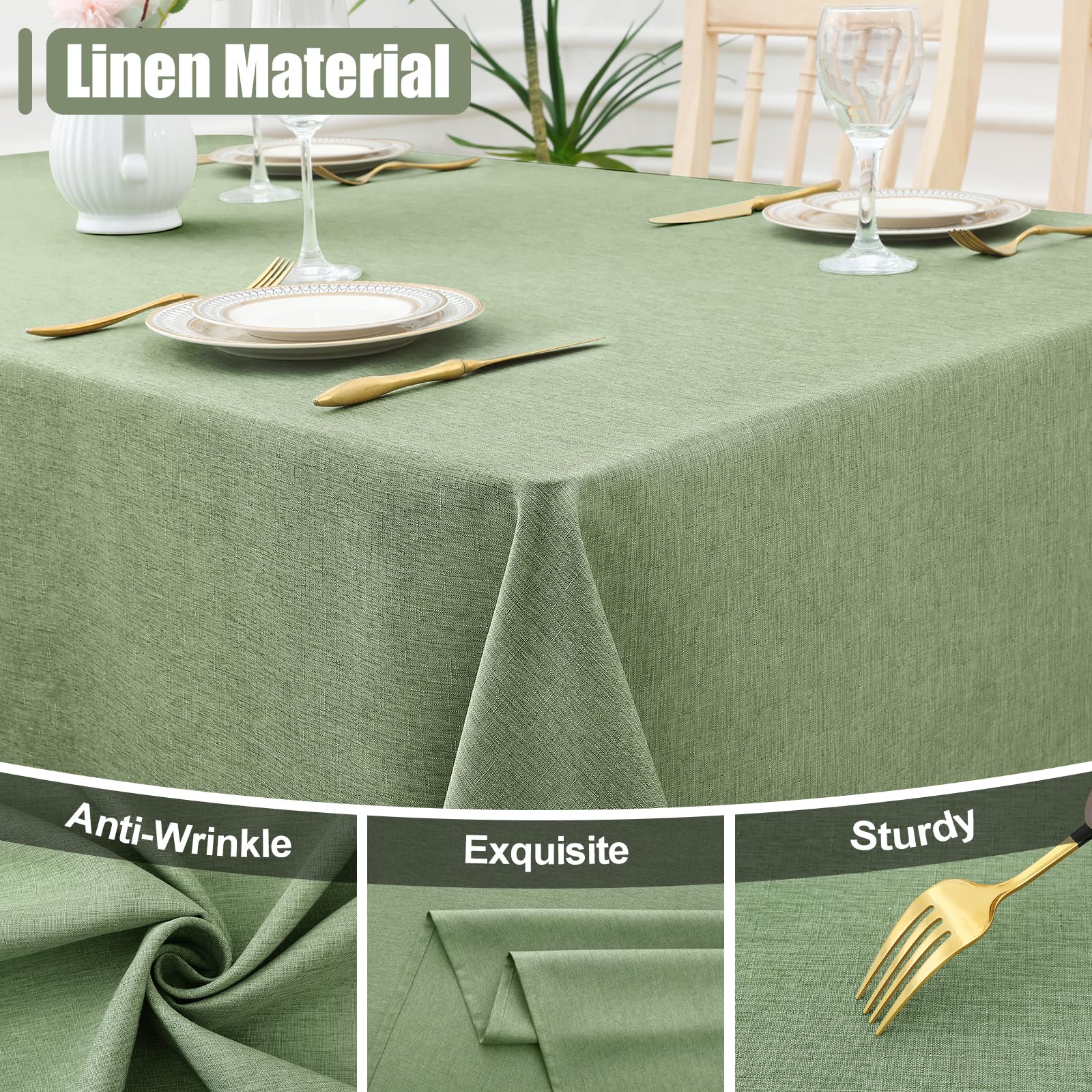 Smiry Rectangle Linen Tablecloth, Waterproof Spillproof Anti-Wrinkle Burlap Table Cloth, Washable Decorative Farmhouse Fabric Table Covers for Dining, Fall Parties, Banquets, 52x70 Inch, Sage Green