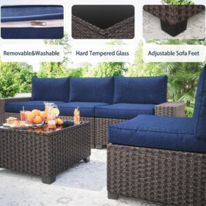 IDEALHOUSE 6 Pieces Outdoor Patio Sectional Sofa Couch, Brown PE Wicker Furniture Conversation Sets with Navy Blue Cushions & Glass Coffee Table for Garden, Poolside, Backyard (Square)