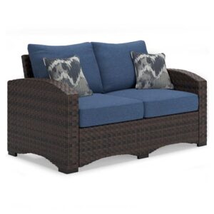 signature design by ashley windglow outdoor loveseat with cushion love seats, 58" w x 31" d x 37" h, blue & dark brown