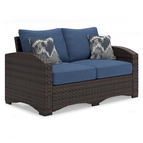 Signature Design by Ashley Windglow Outdoor Loveseat with Cushion Love Seats, 58" W x 31" D x 37" H, Blue & Dark Brown