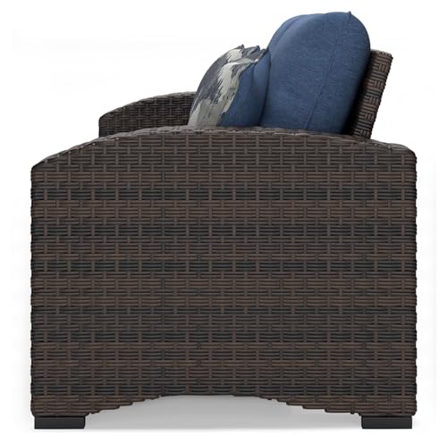 Signature Design by Ashley Windglow Outdoor Loveseat with Cushion Love Seats, 58" W x 31" D x 37" H, Blue & Dark Brown