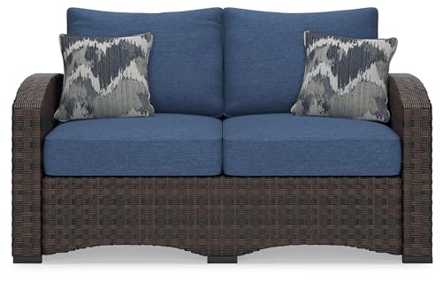 Signature Design by Ashley Windglow Outdoor Loveseat with Cushion Love Seats, 58" W x 31" D x 37" H, Blue & Dark Brown