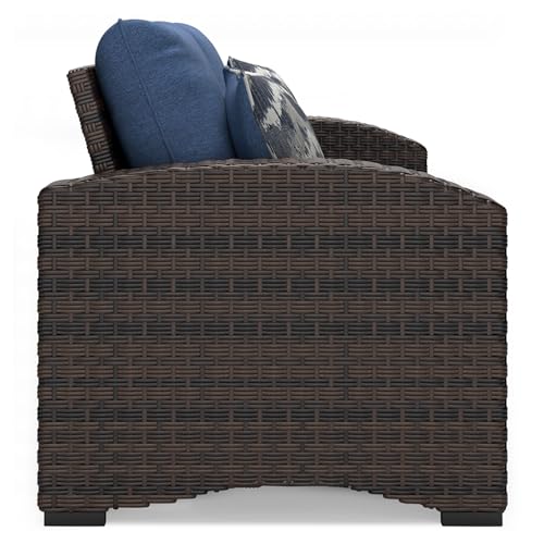 Signature Design by Ashley Windglow Outdoor Loveseat with Cushion Love Seats, 58" W x 31" D x 37" H, Blue & Dark Brown