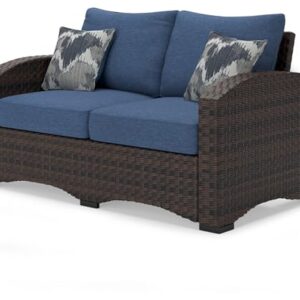 Signature Design by Ashley Windglow Outdoor Loveseat with Cushion Love Seats, 58" W x 31" D x 37" H, Blue & Dark Brown