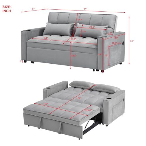 ERYE Oversized Loveseat Sofa Convertible Full Size Sleeper Sofabed,Love Seat Pull Out Sleep Couch Bed with Cupholders,USB Charging Ports and Storage Pockets for Home Apartment Office Living Room