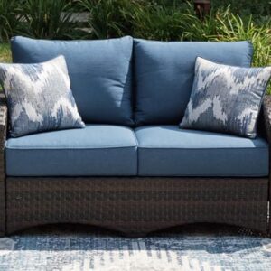 Signature Design by Ashley Windglow Outdoor Loveseat with Cushion Love Seats, 58" W x 31" D x 37" H, Blue & Dark Brown