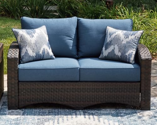 Signature Design by Ashley Windglow Outdoor Loveseat with Cushion Love Seats, 58" W x 31" D x 37" H, Blue & Dark Brown