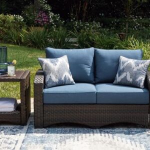 Signature Design by Ashley Windglow Outdoor Loveseat with Cushion Love Seats, 58" W x 31" D x 37" H, Blue & Dark Brown