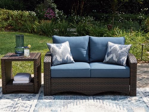 Signature Design by Ashley Windglow Outdoor Loveseat with Cushion Love Seats, 58" W x 31" D x 37" H, Blue & Dark Brown