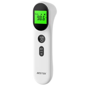 bestek forehead thermometer, thermometer no touch for adults and kids, large lcd screen digital infrared thermometer for home with fever alarm, non contact with 3-color indicator for home