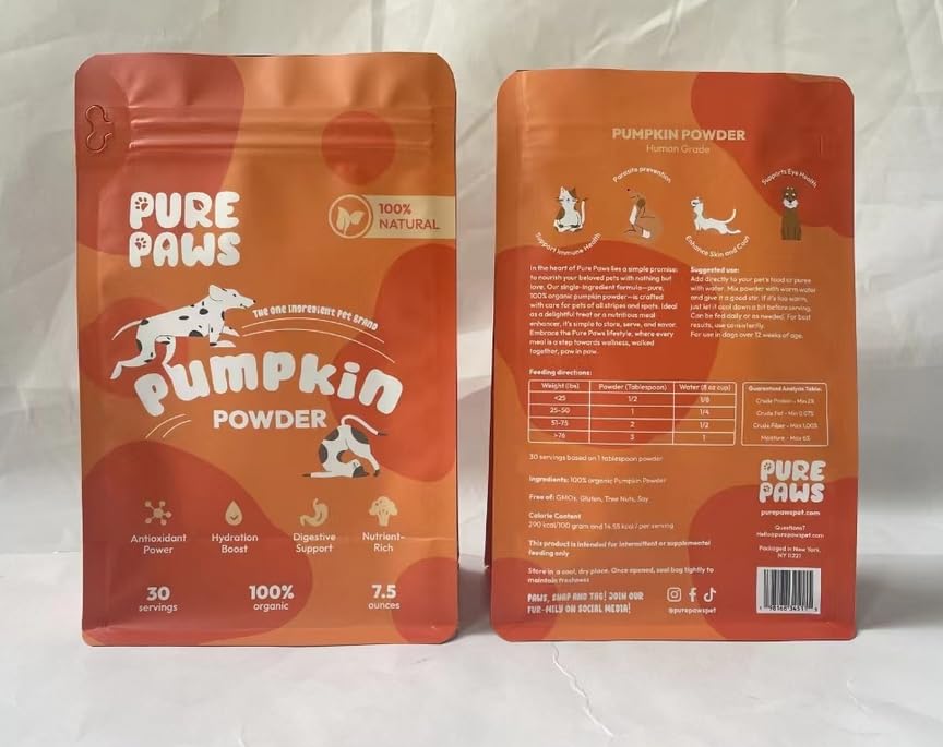 Pure Paws Organic Pumpkin Powder for Dogs, Puppies, Cats, and Kittens: Your Pet's Essential Digestive Supplement 7.5oz