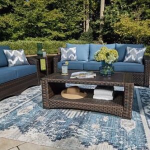 Signature Design by Ashley Windglow Outdoor Loveseat with Cushion Love Seats, 58" W x 31" D x 37" H, Blue & Dark Brown