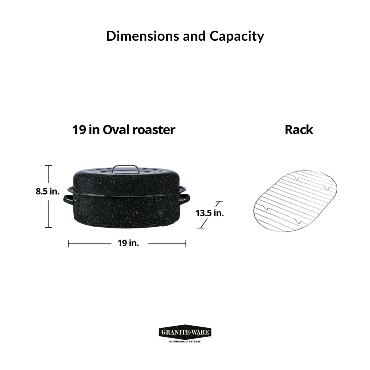 Granite Ware 19 inch oval roaster with Lid, Oval Rack included (Speckled Black) - design to accommodate up to 20 lb poultry/roast. Resists up to 932°F